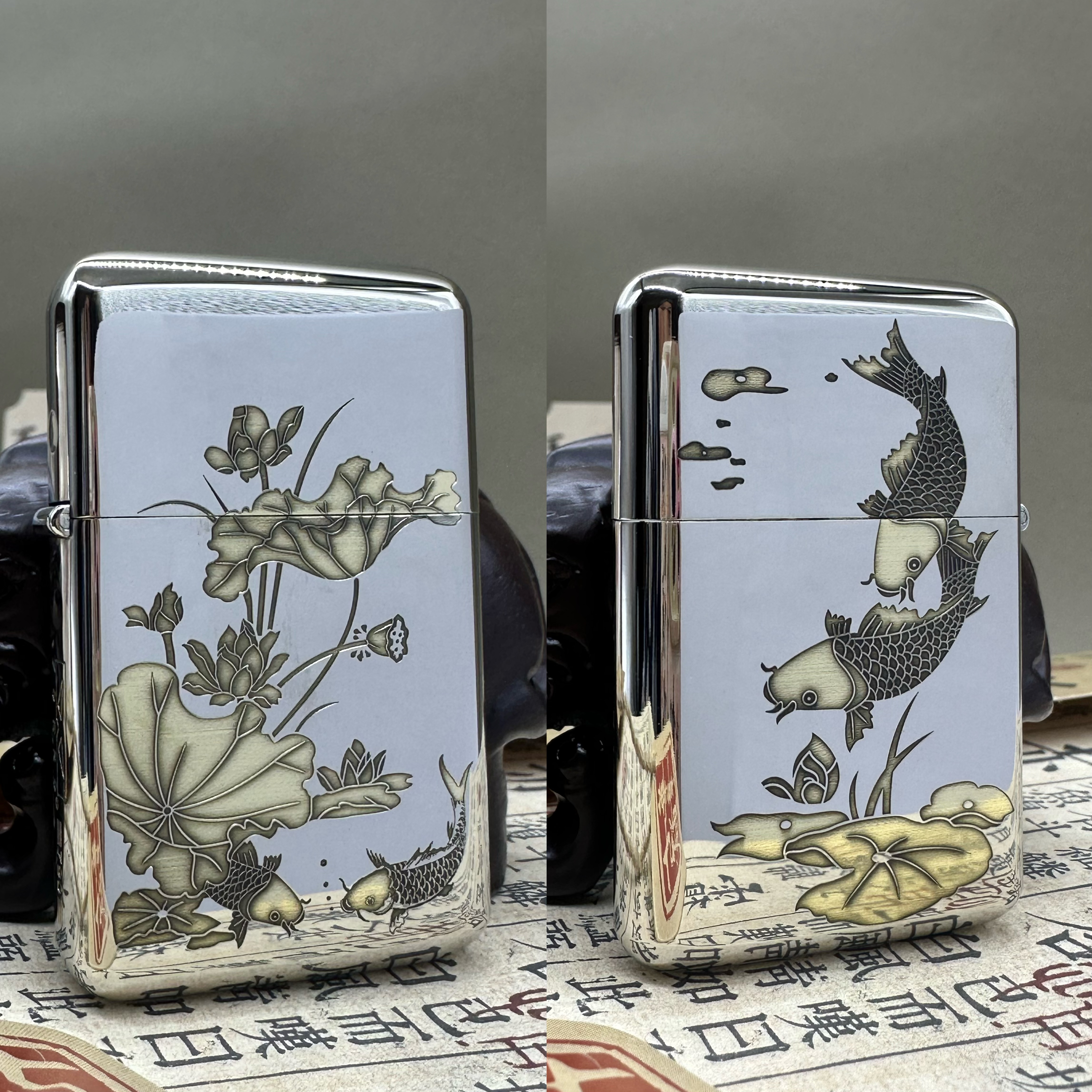 【790白镍双色-荷花锦鲤】佐罗790三代密封超薄煤油打火机送礼佳品