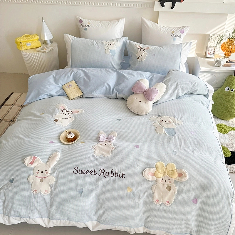 【洋洋精选】小清新卡通兔子蓝色四件套全棉纯棉可爱床上用品女孩