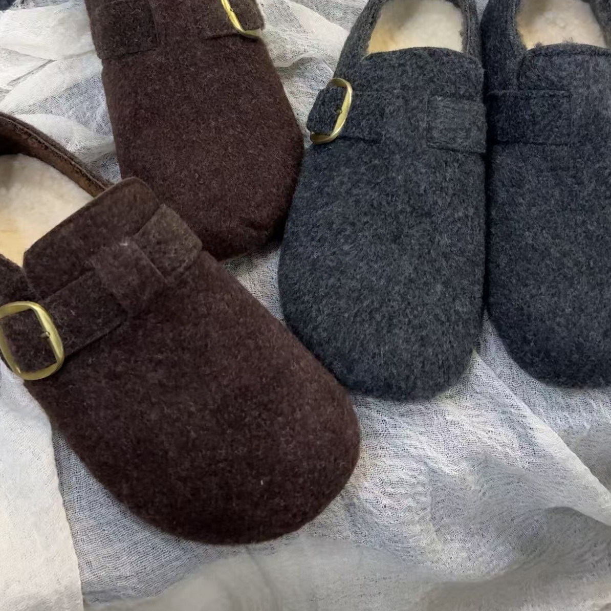 9911-2灰色加绒勃肯鞋女冬季懒人包头半拖棉鞋