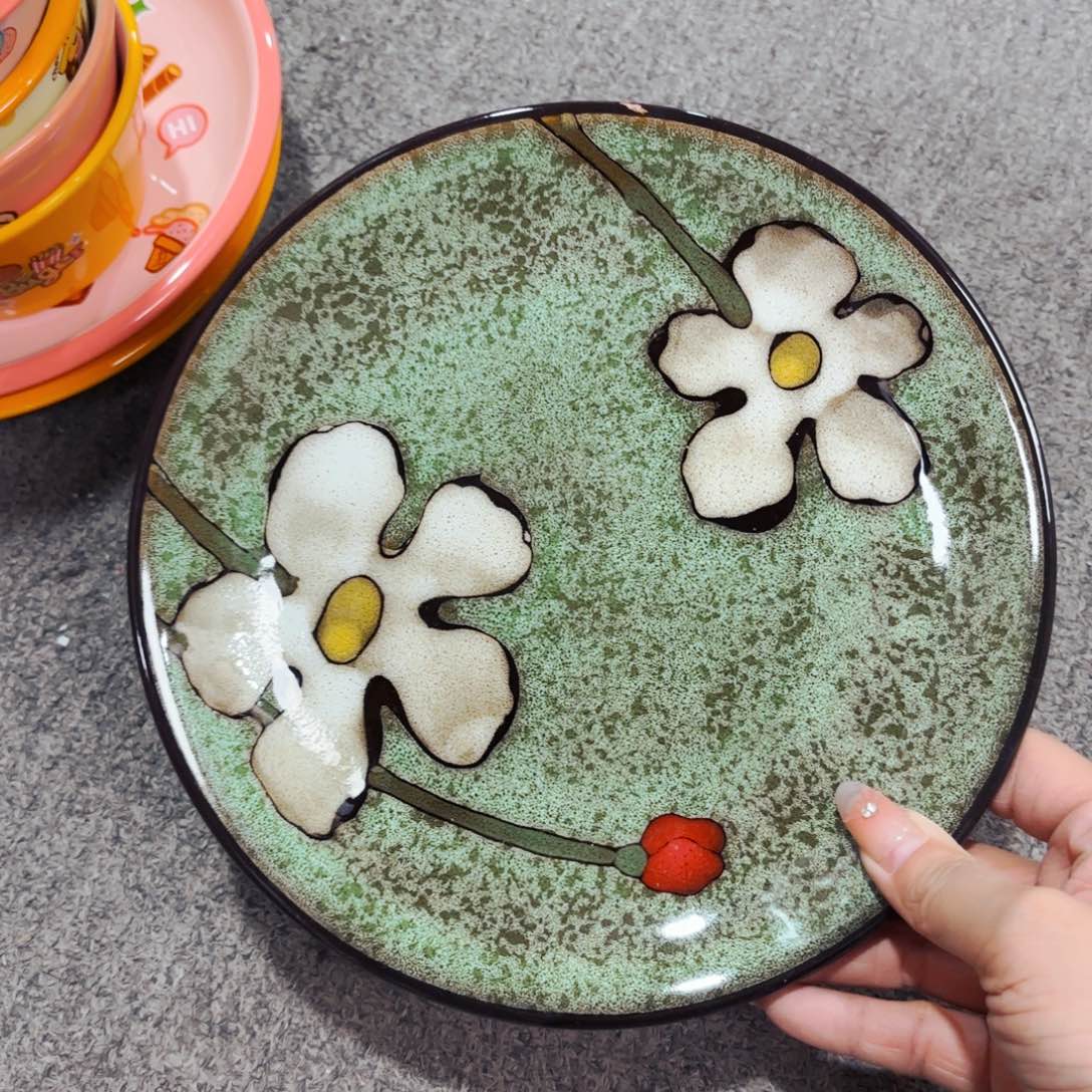 陶瓷重工花朵八寸餐盘微微瑕