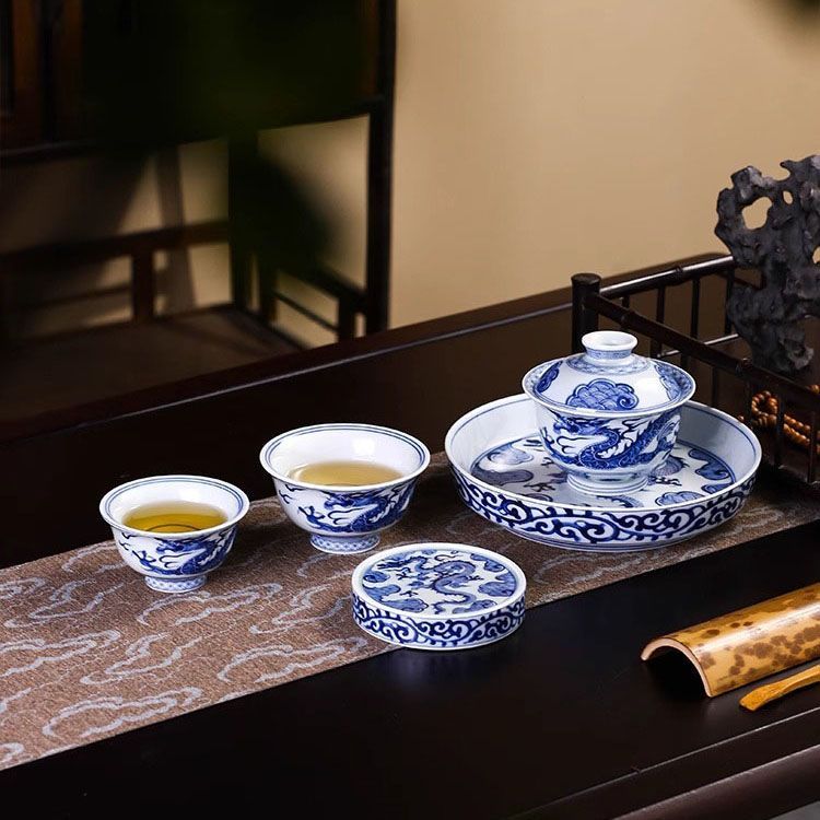 景德镇中式青花穿云龙纹功夫大号茶具家用套装