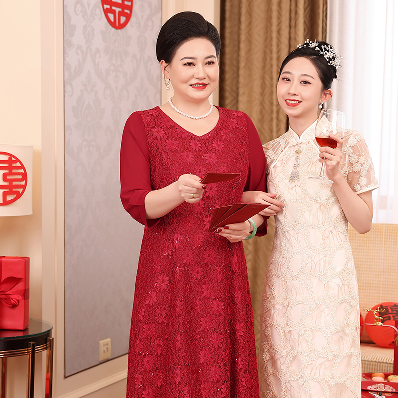 高贵蕾丝喜婆婆连衣裙结婚喜服红色喜庆婚宴礼服平时可穿WH25096