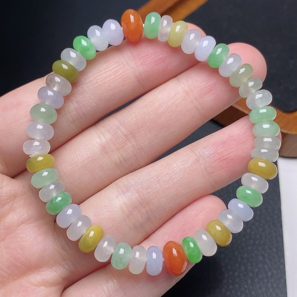 缅甸天然a货翡翠冰种多宝鼓珠算盘珠手链卡7mm彩色糖果色时尚
