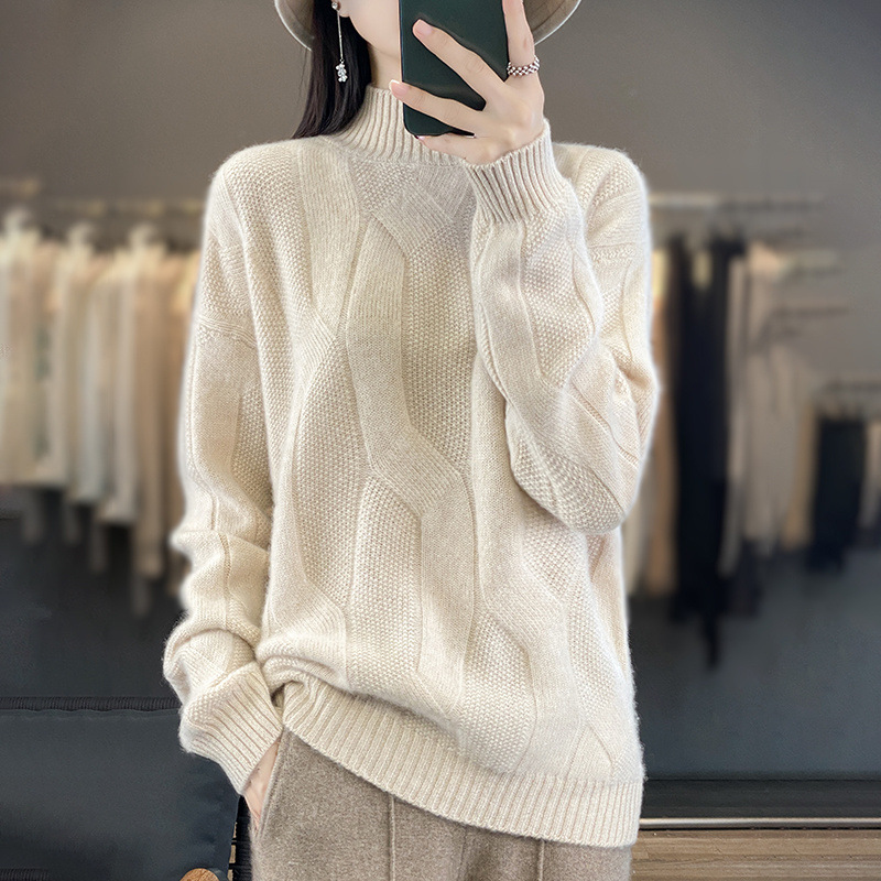 新款半高领绞花100羊毛衫宽松显瘦套头毛衣女秋冬纯色针织打底衫