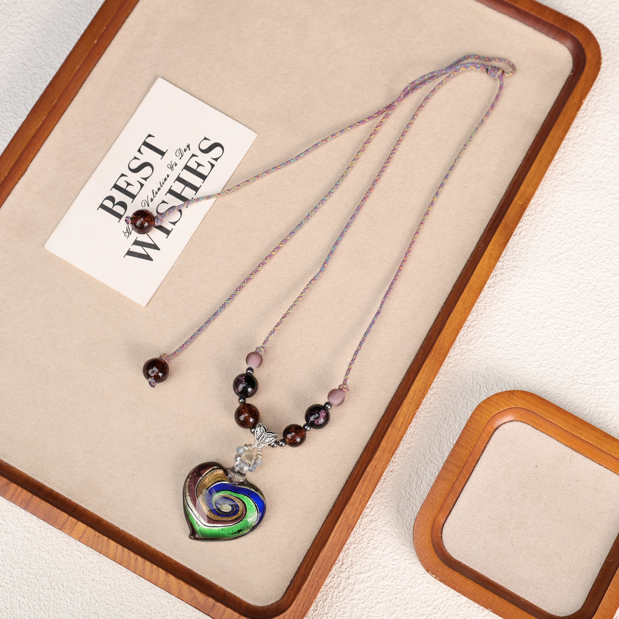 合金琉璃项链 XB386 蓝绿旋涡银箔爱心吊牌项链