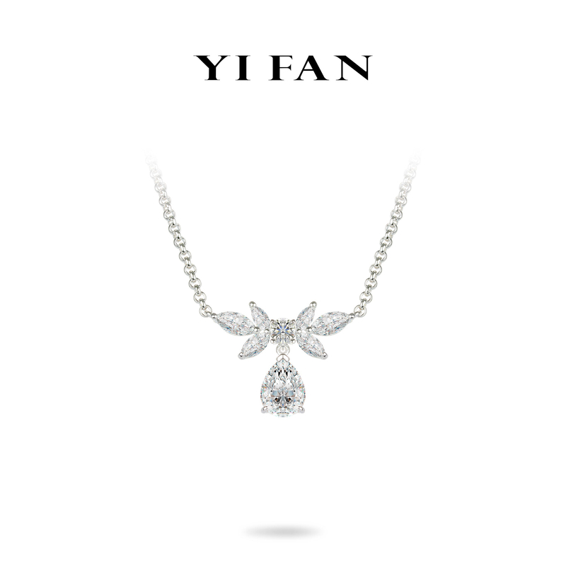 坠链均925银合成锆石 白色水滴蝴蝶结项链