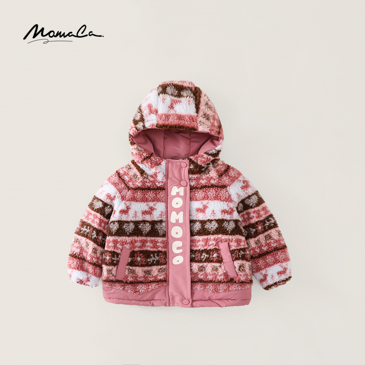 MOMOCO冬季新款女童洋气费尔岛风格拼接连帽毛毛外套77880123005