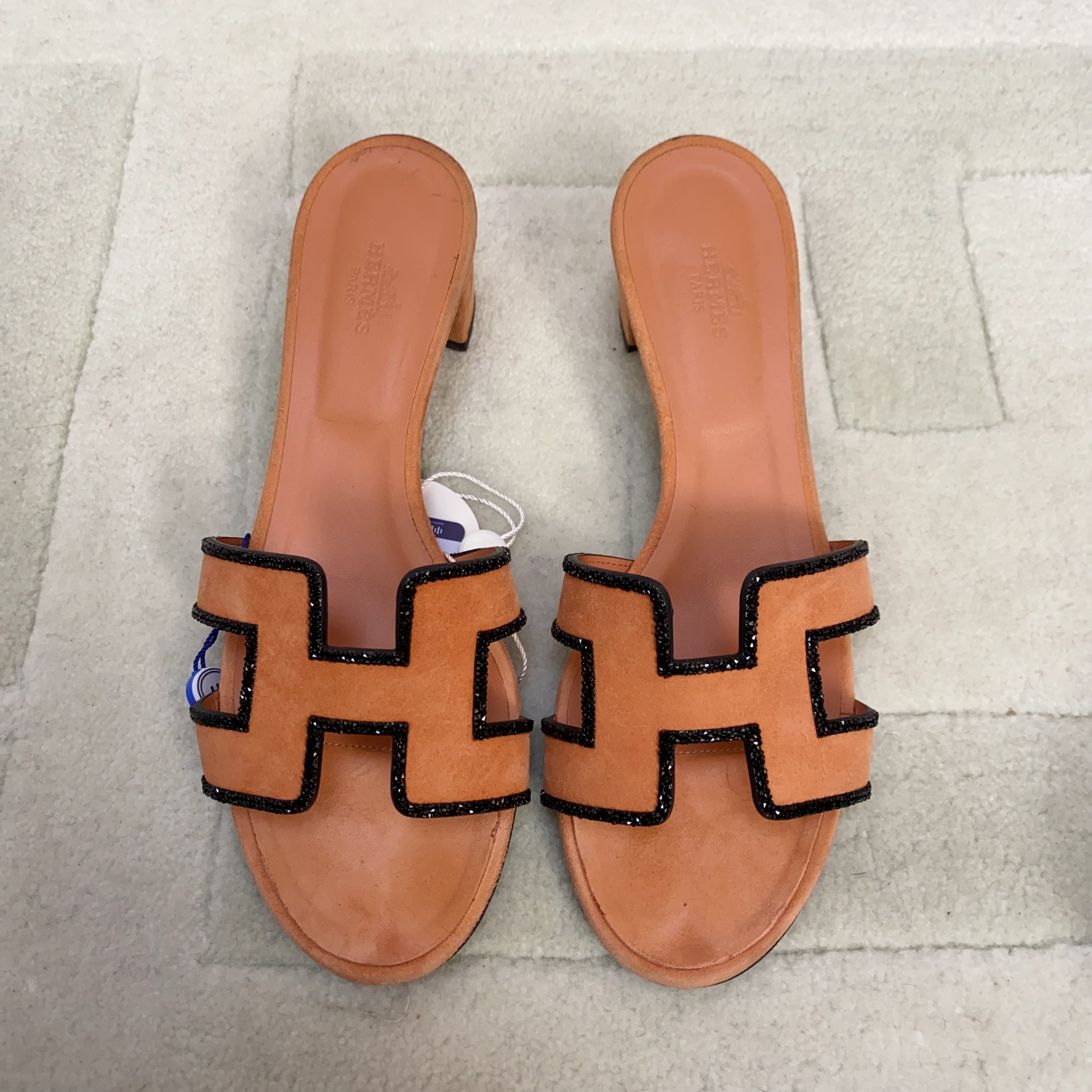 95新 Hermes/爱马仕 麦殿/牛皮粗跟H拖鞋37码棕色/250209ZYTYY205