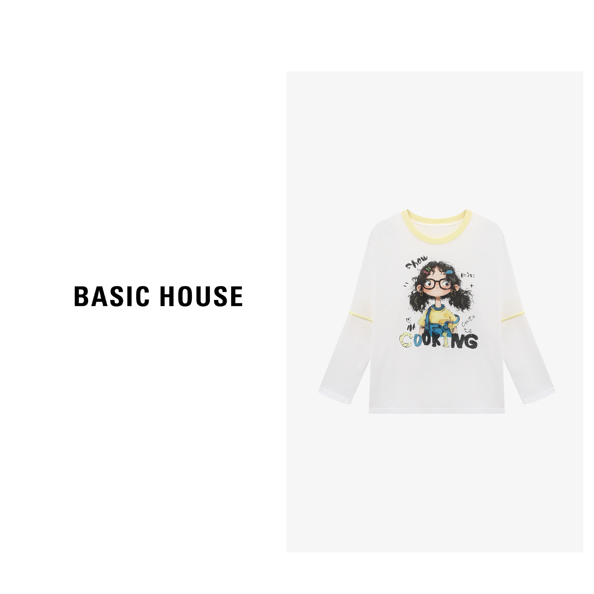 Basic House/百家好新款休闲减龄卡通印花圆领长袖T恤B0625B5ICM2