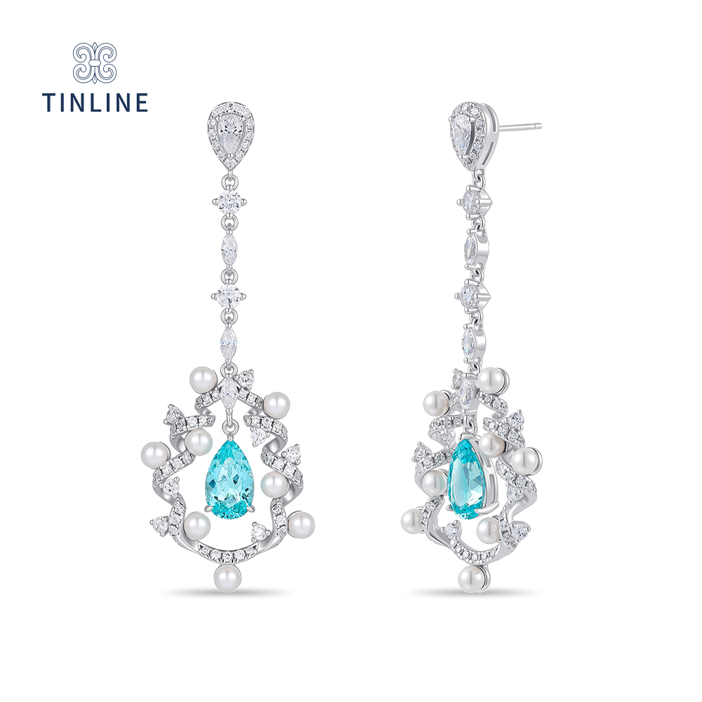 TINLINE 培育蓝宝石「碧瑶」耳坠 培育帕拉伊巴 简约时尚 优雅大方
