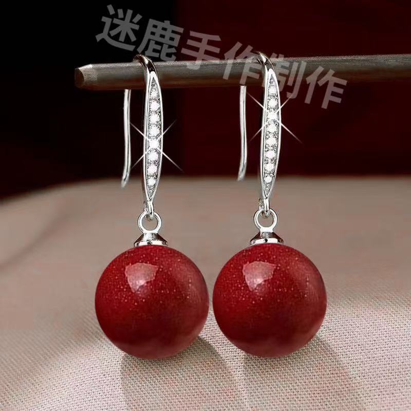 含辰砂工艺品纯银防过敏2025新款爆款高级感辰砂耳环气质百搭耳坠