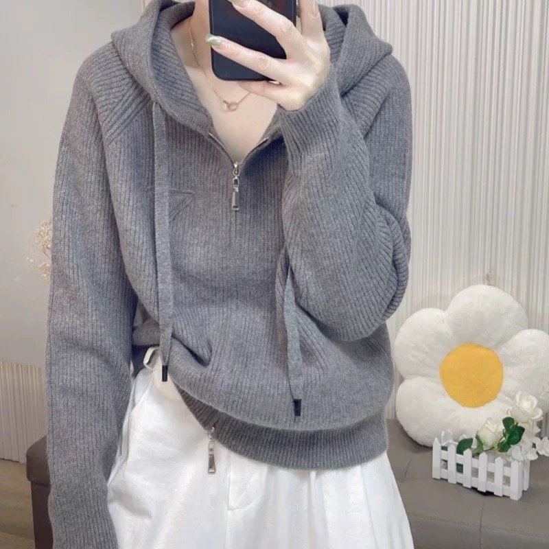 Q粗线螺纹针织衫连帽插肩袖双拉链帽衫女学院风外套A820