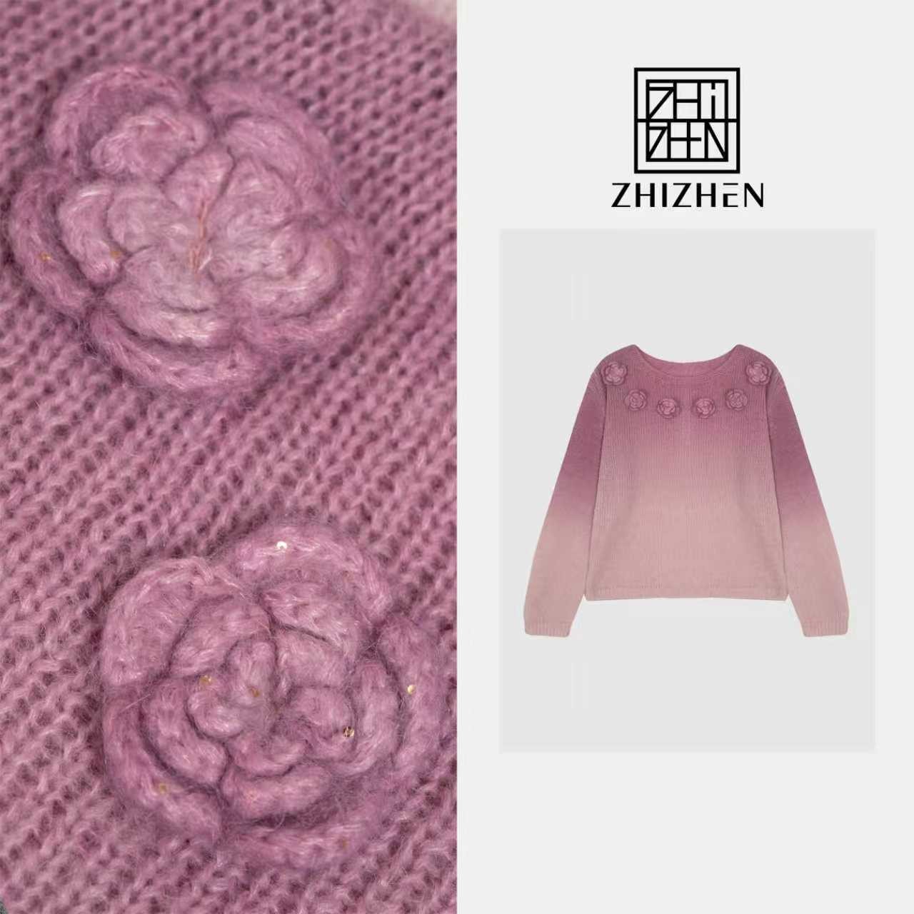 秋季渐变色领口立体花朵毛衣【审美】