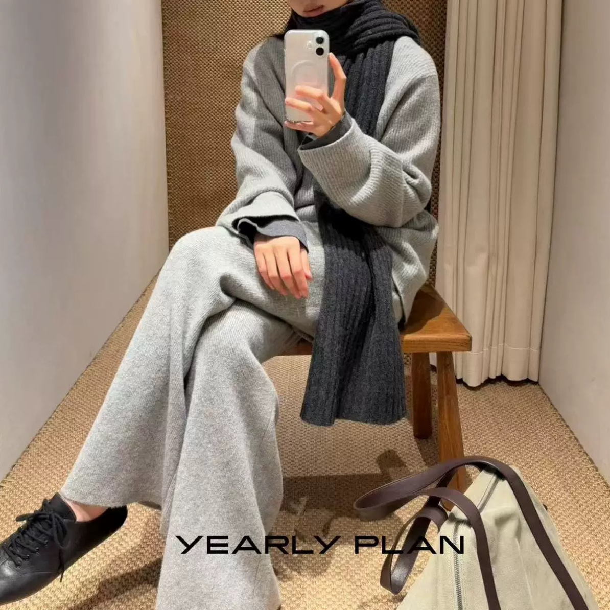 YEARLYPLAN冬季休闲百搭舒适牦牛绒松紧腰针织长裤No腿No换