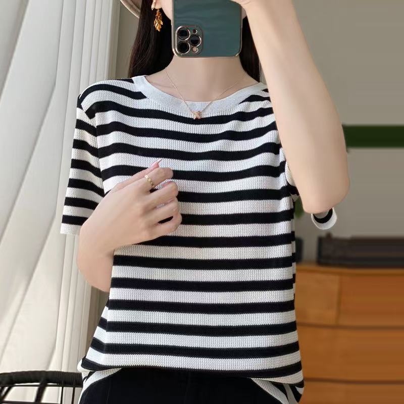 冰丝条纹短袖女百搭小衫夏季冰凉感短袖