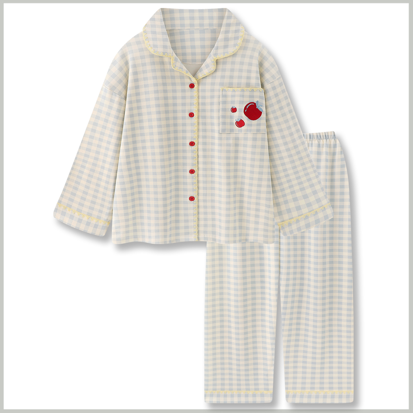 『苹果海盐』清新纯棉睡衣女春秋新款宽松长袖卡通格纹家居服套装