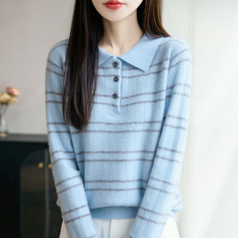 温柔气质感~新款翻领半开扣条纹长袖羊毛衫女毛衣打底衫
