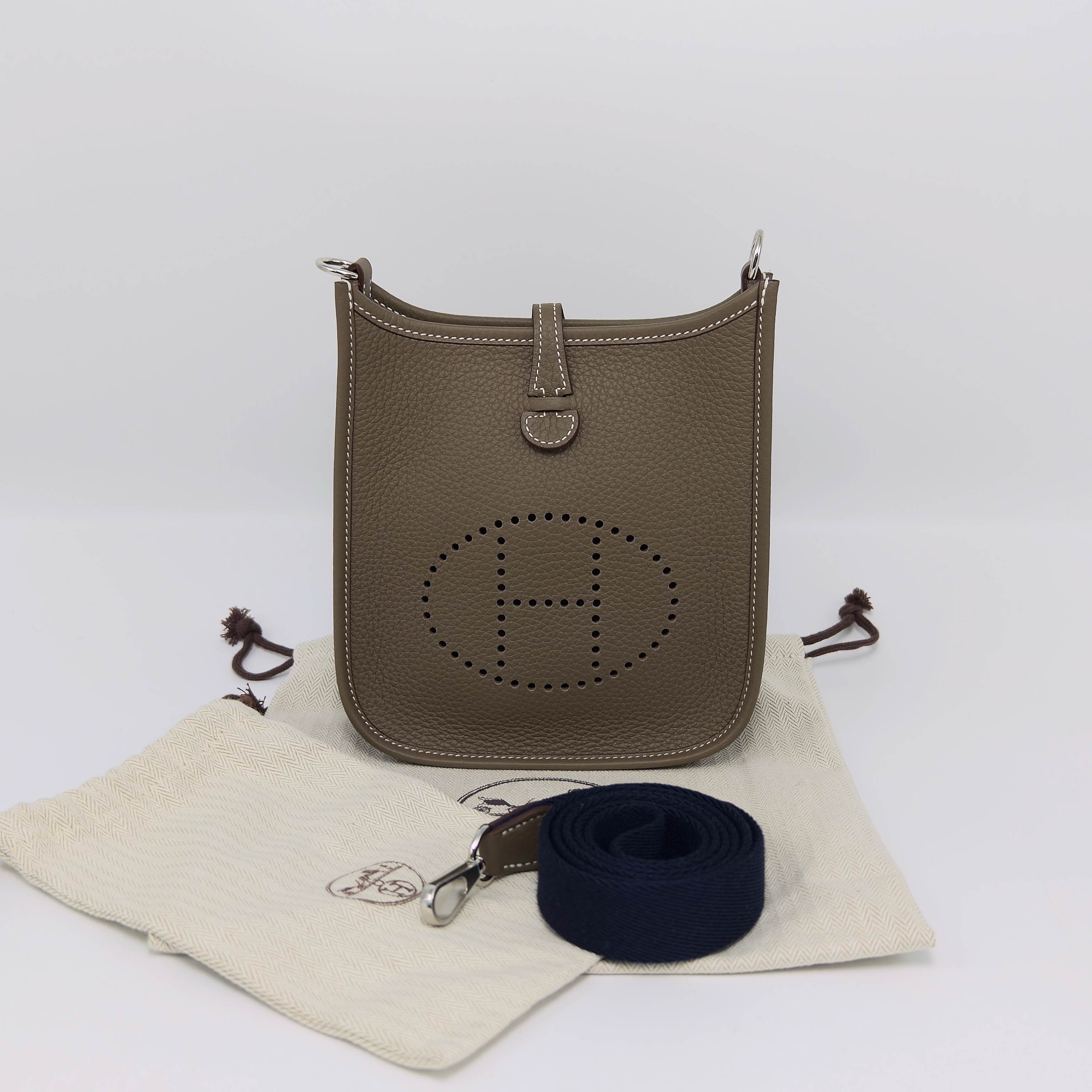 99新 Hermes/爱马仕 大象灰银扣mini伊芙琳单肩斜挎包 32624