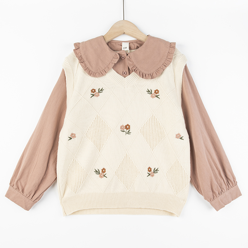 （亲子款）新款女童秋款假两件毛衣针织衫春秋装套头衫装翻领上衣