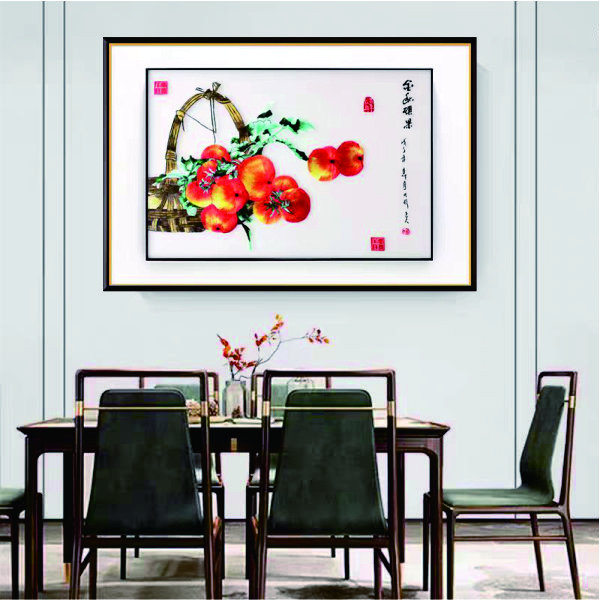 苏绣金秋硕果横版新款餐厅画新中式饭厅装饰画柿子画高端工艺挂画