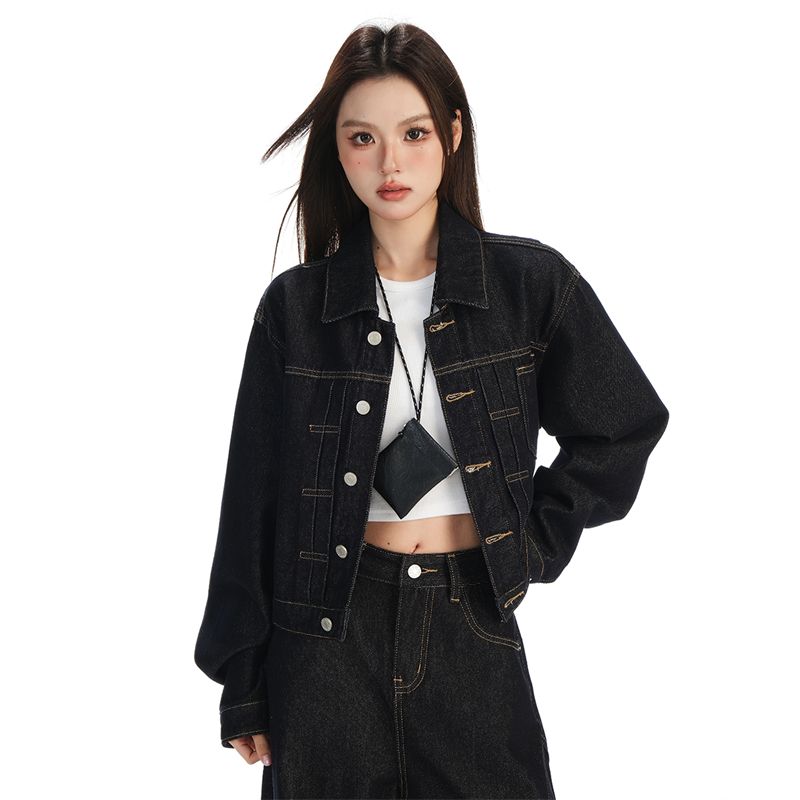 早秋上新  韩系复古丹宁蓝时尚百搭休闲短款翻领设计感牛仔外套女