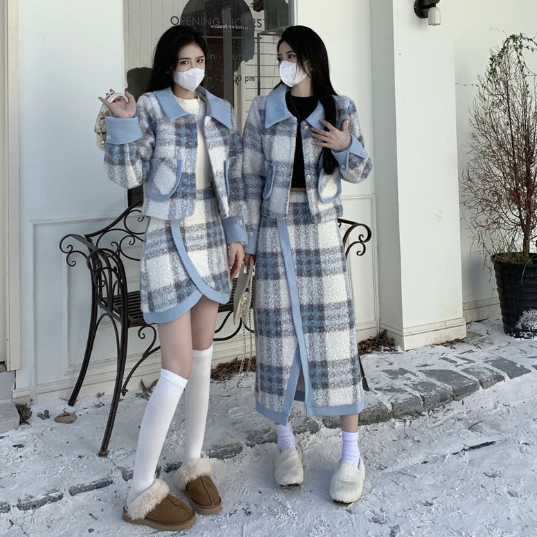 C-2591大码秋冬季新款复古拼接夹棉毛呢外套+半身裙套装