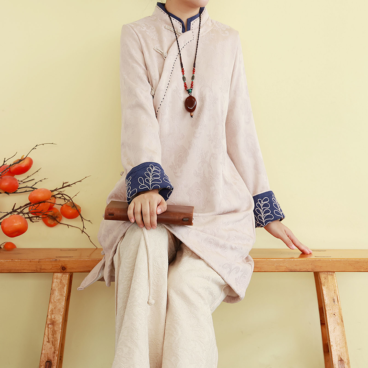 复古民国风亚麻棉加绒提花刺绣衬衫秋冬季中长款立领上衣宽松茶服