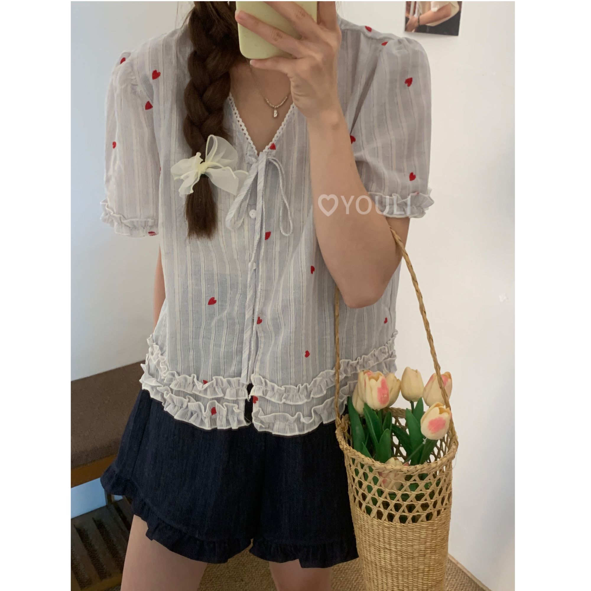 【乌梨】韩系甜美减龄爱心刺绣v领绑带木耳边衬衫女夏季宽松衬衣