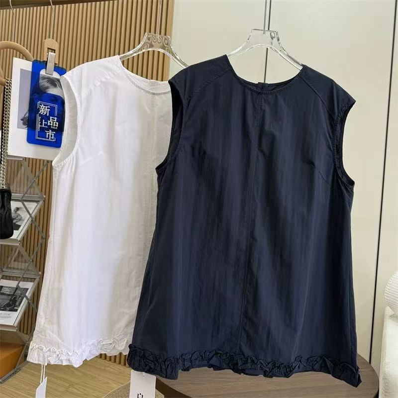 2025时尚气质木耳边下摆无袖衬衫圆领宽松百搭后背纽扣女