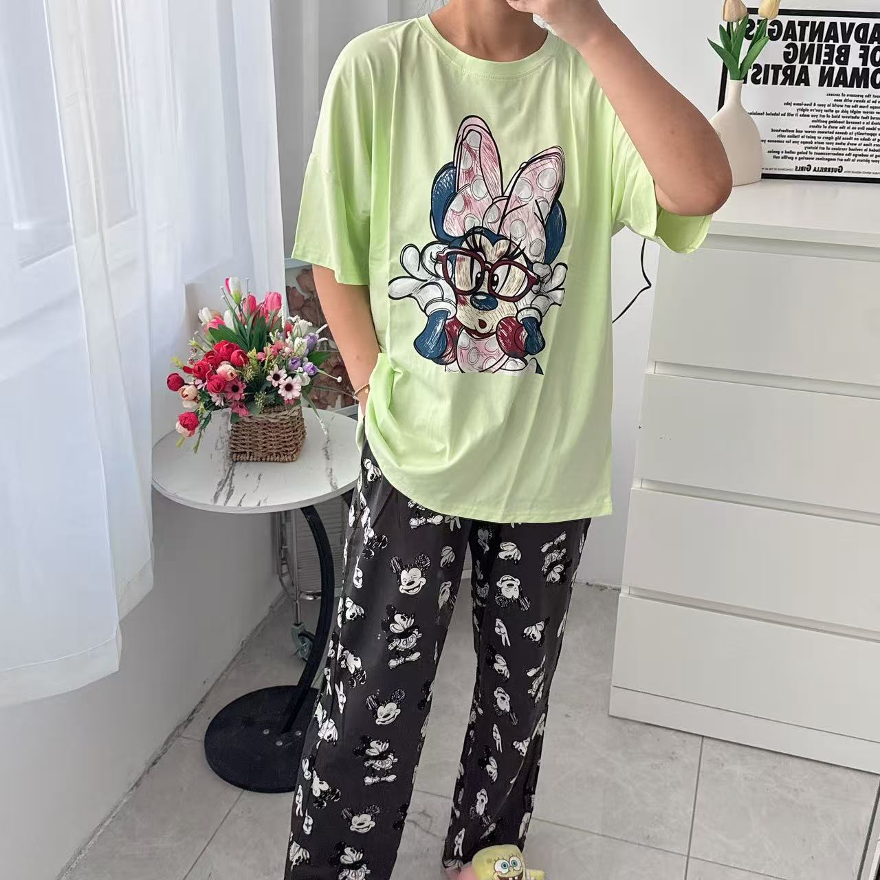 透气短袖长裤卡通动漫睡衣家居服套装家居亲肤显瘦阔腿裤