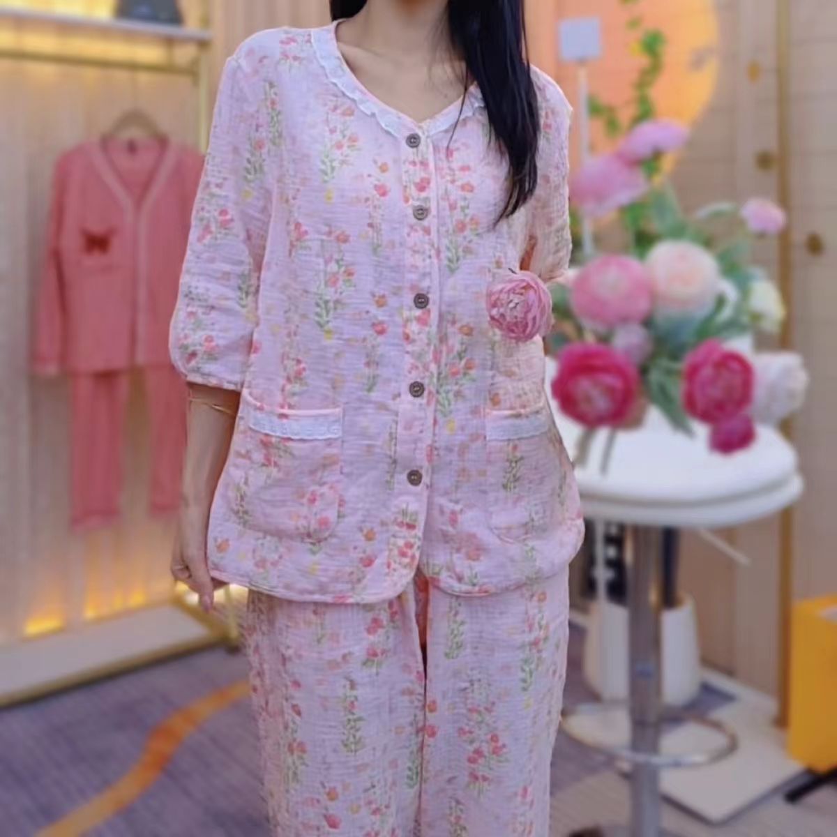 【微瑕处理】女款七分袖全面双层纱七分袖长裤睡衣家居服套装