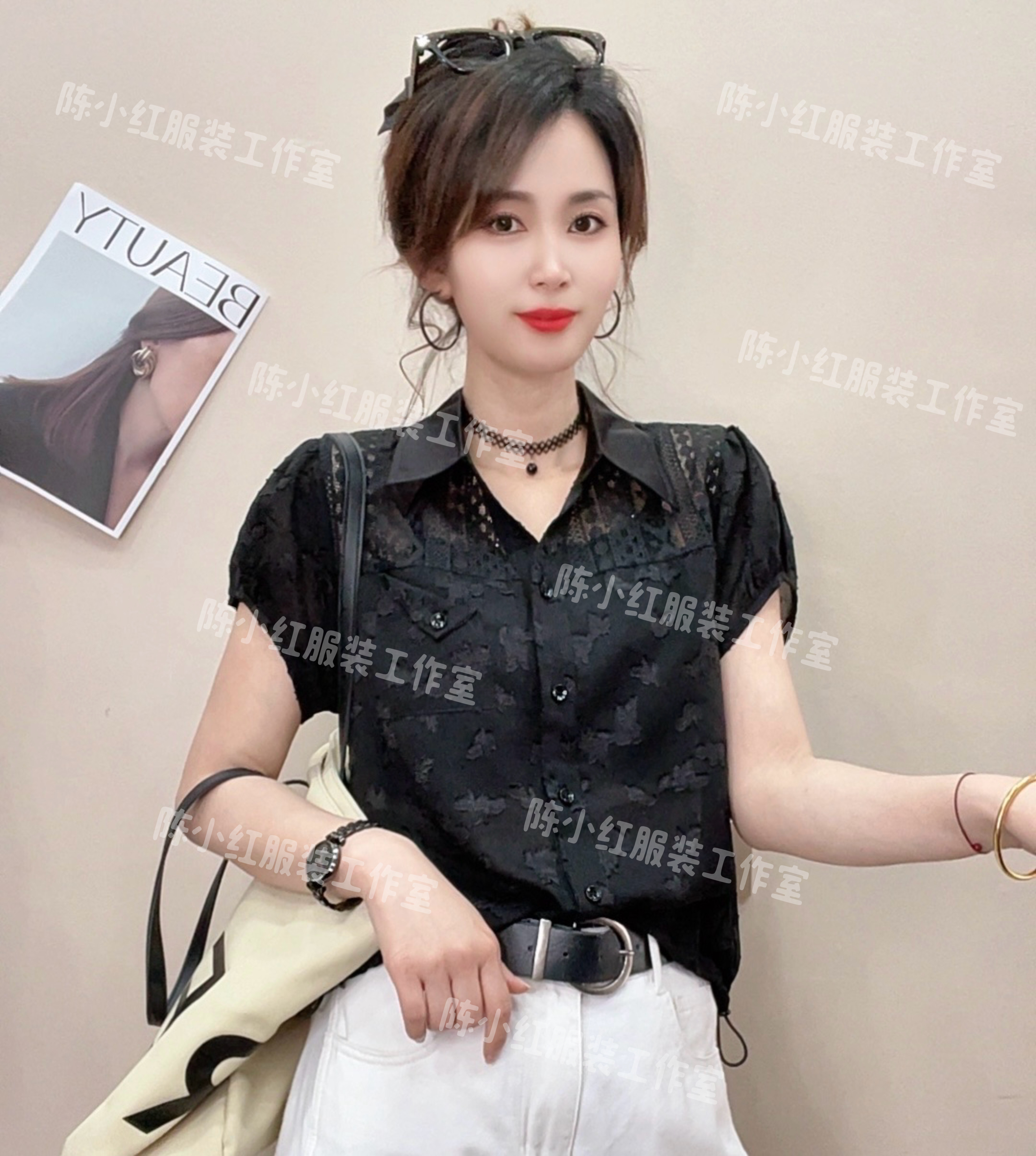 《陈小红服装》夏季拼接极简风花纹衬衫洋气网红夏季法式上衣