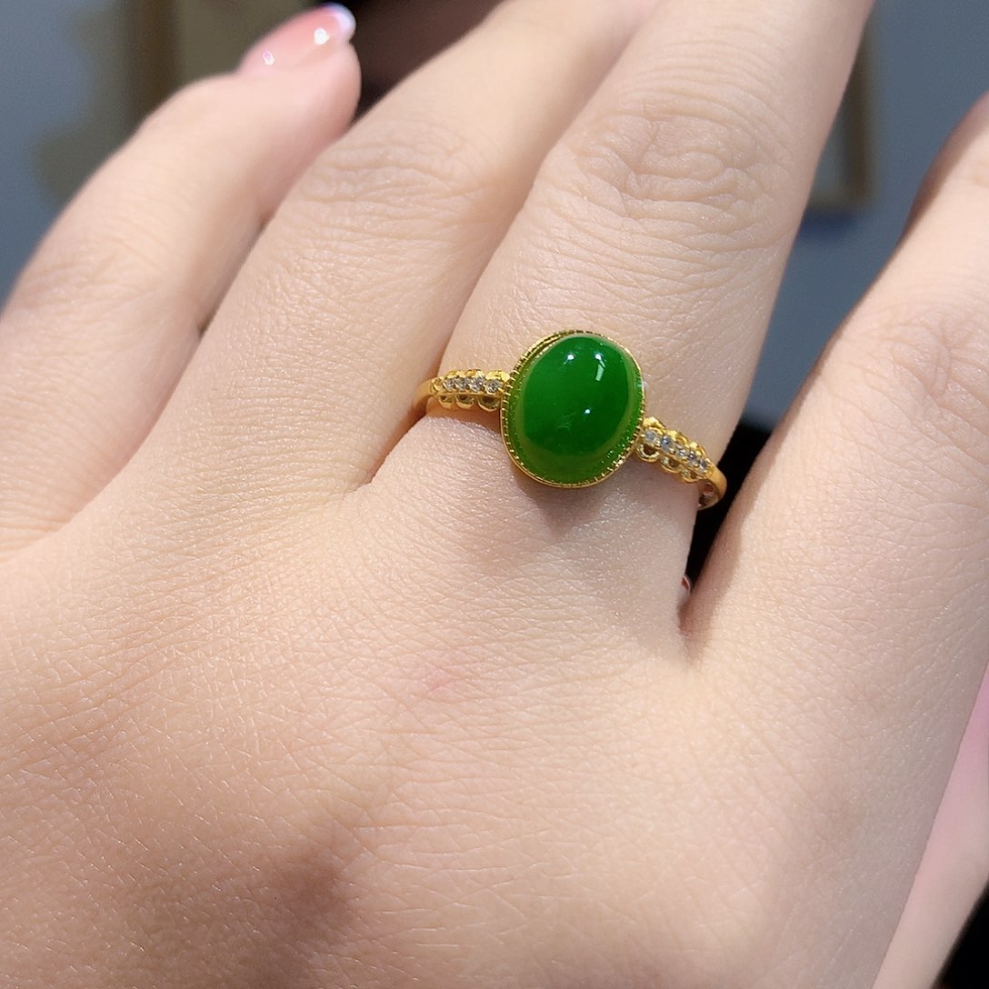 和田玉（碧玉）戒指银S925镀金镶嵌