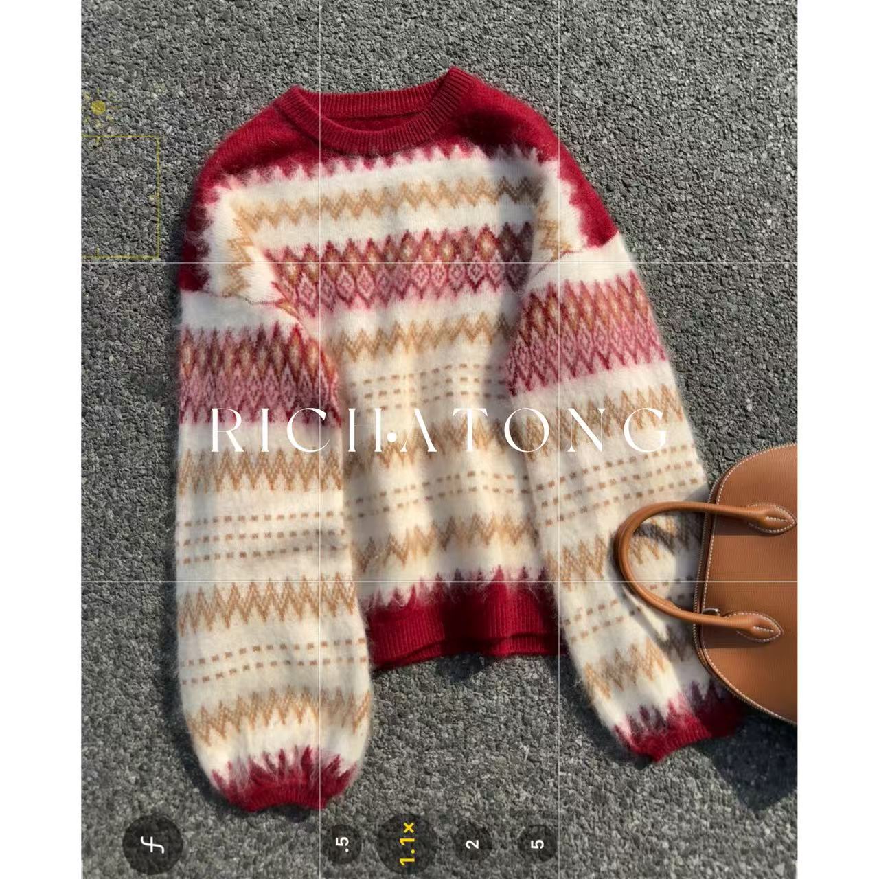 RICH ATONG.-【红酒慕斯】-氛围感拉毛高品条纹纹格图案毛衣1201-23