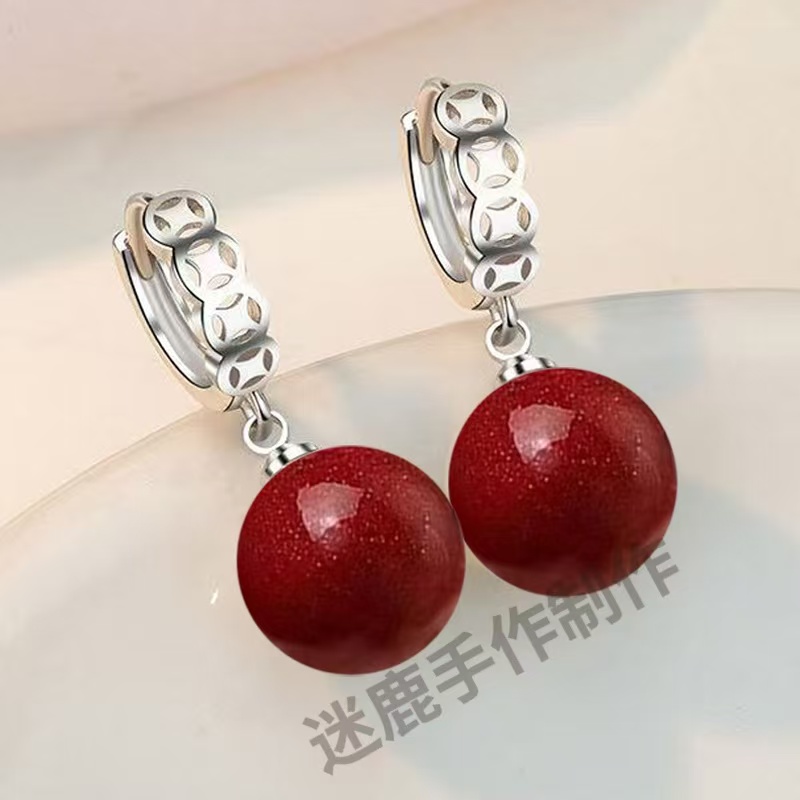 含辰砂工艺品新款钱多多辰砂耳环本命年红色耳坠925纯银防过敏