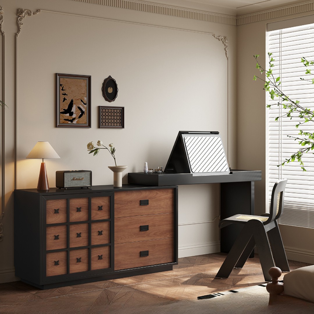 翻盖镜子梳妆台斗柜一体主卧室复古风伸缩转角床尾柜化妆桌