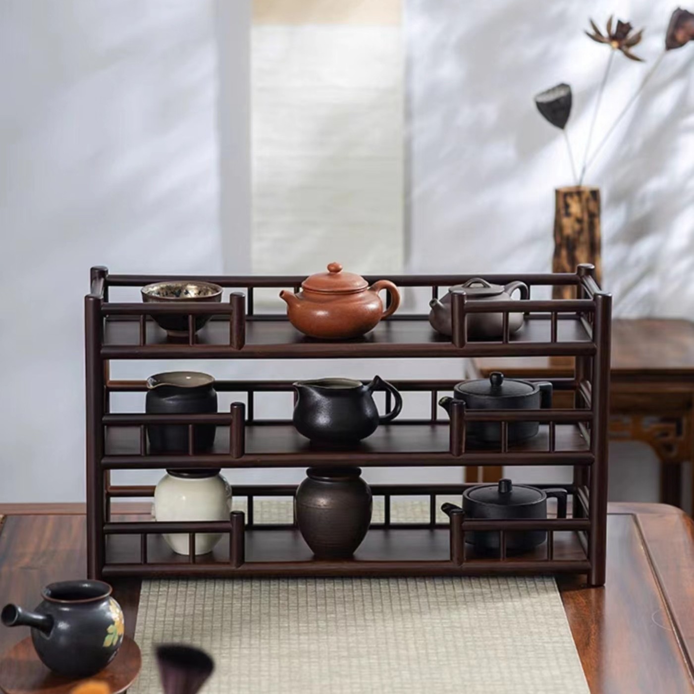 【冲量凭栏壶架顺丰】加宽茶架杯架可移动新中式桌面茶杯茶具展示架