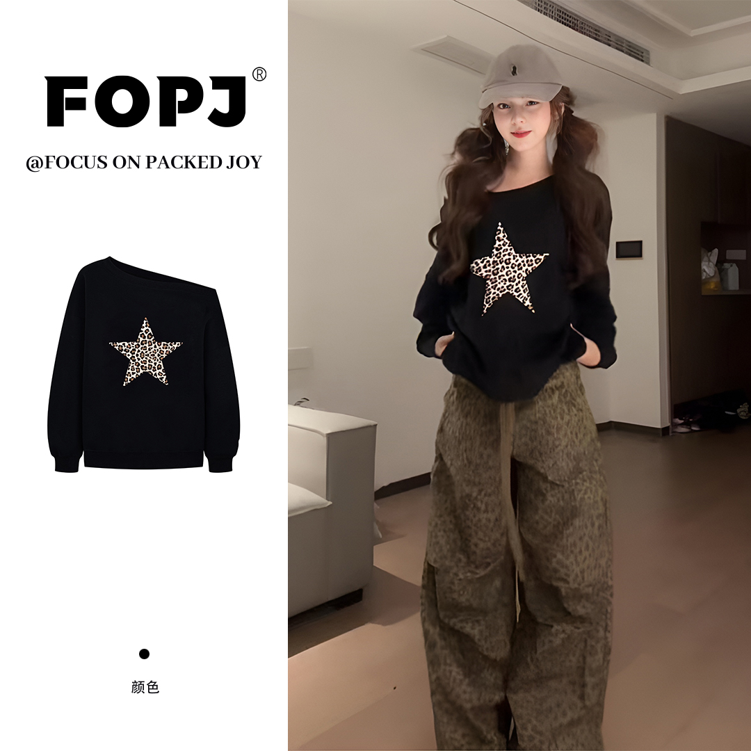 FOPJ早秋新款时尚斜肩长袖t恤女美式设计感宽松潮流慵懒风上衣ins