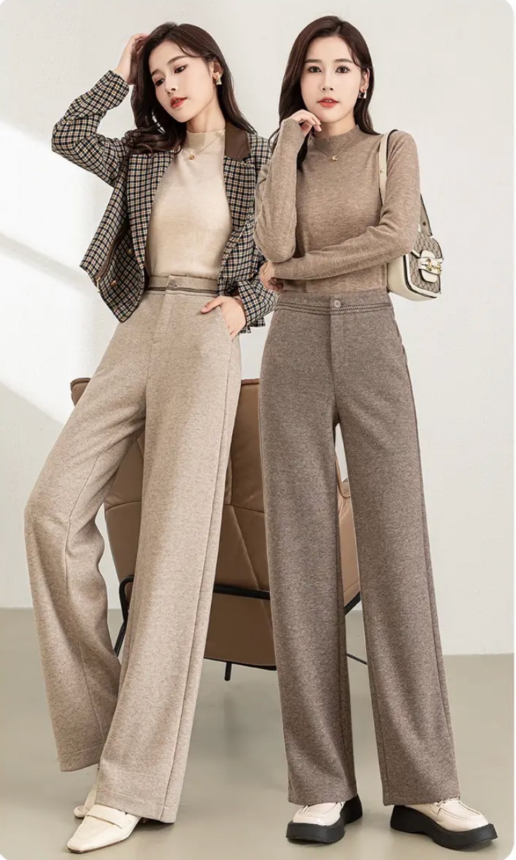 【高端定制】羊毛呢桑蚕丝加绒加厚宽松窄版直筒裤