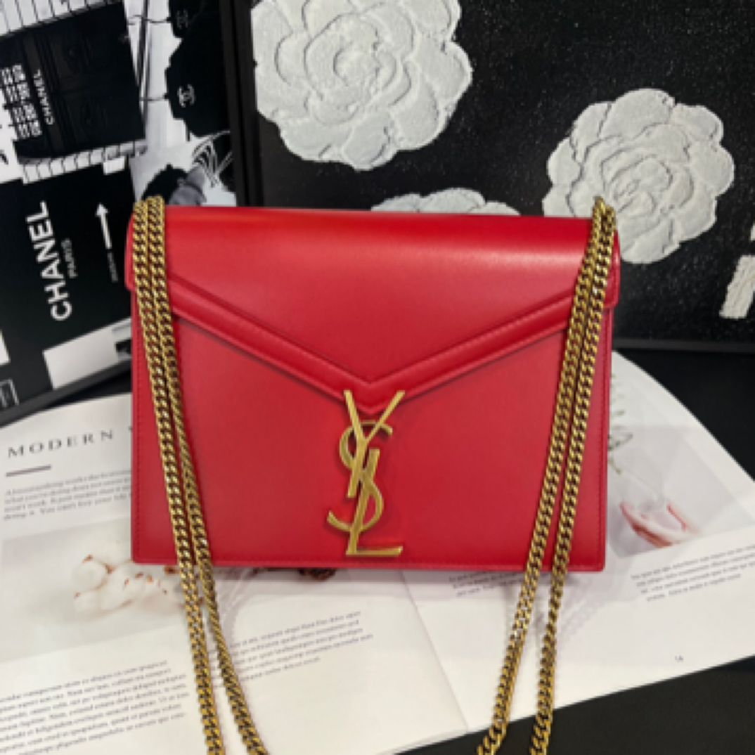 95新 YSL/圣罗兰 红金Cassandra信封斜挎包B2057