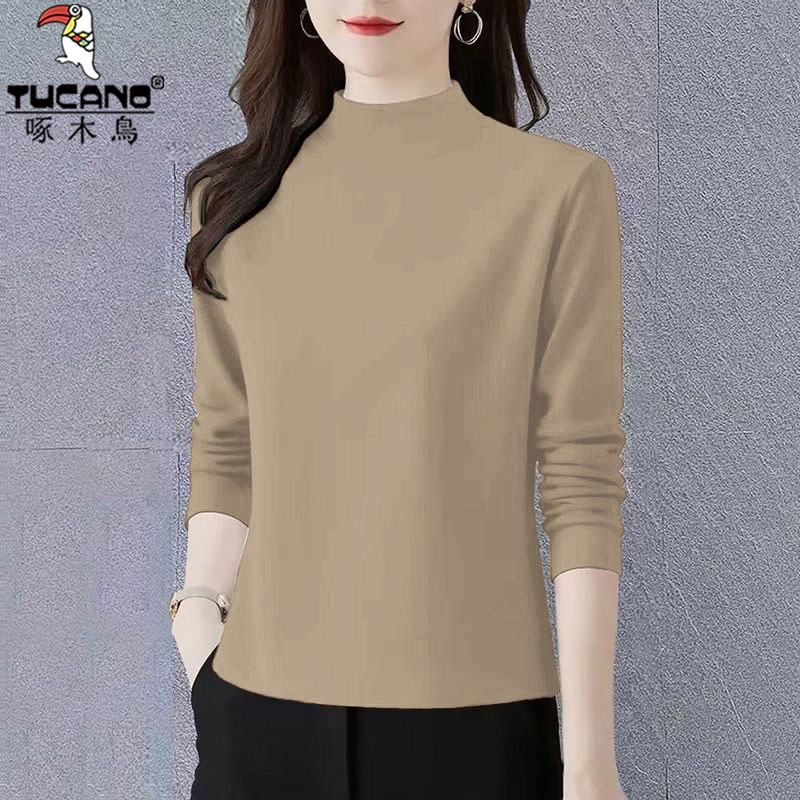 啄木鸟半高领德绒加绒保暖秋衣女打底衫内搭秋冬新款女装磨毛上衣