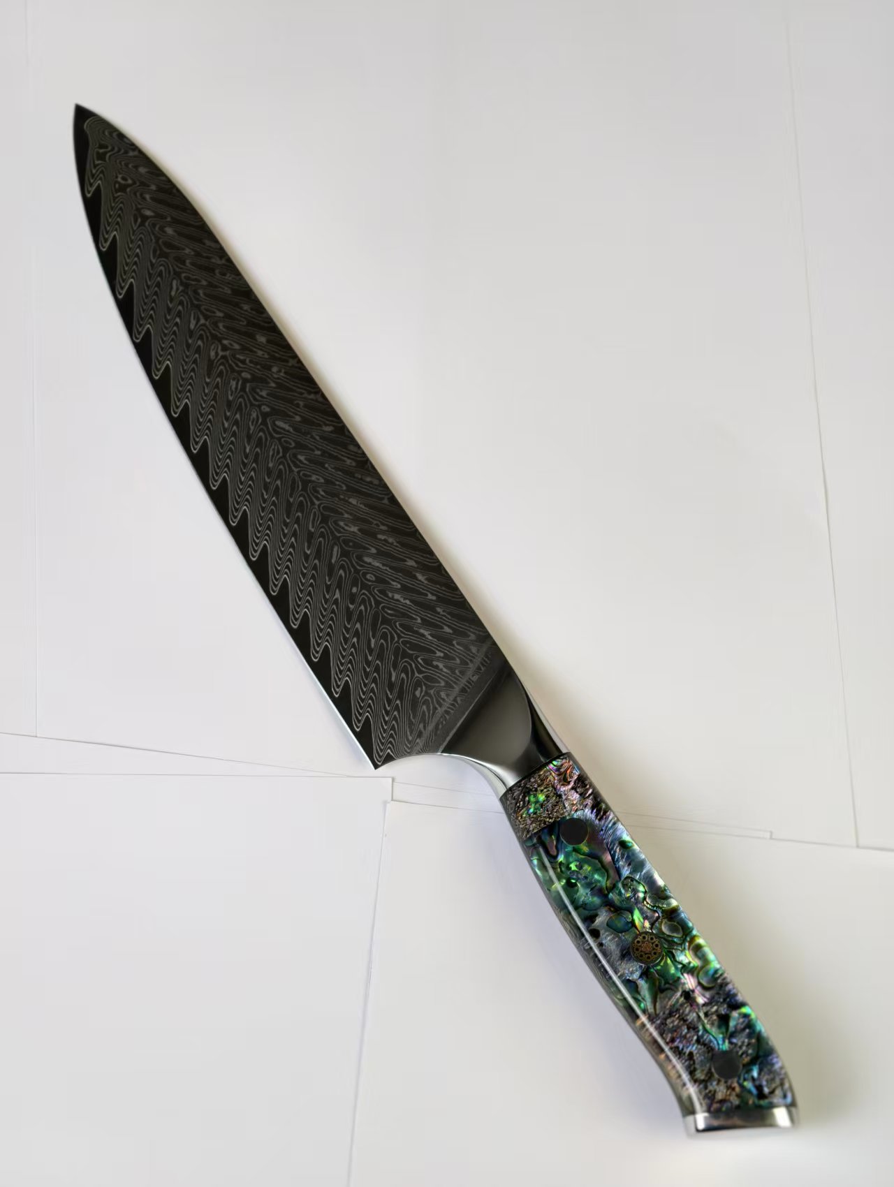 致一鲍鱼壳手柄大马士革鱼骨纹s35vn粉末钢厨师超快锋利主厨牛刀