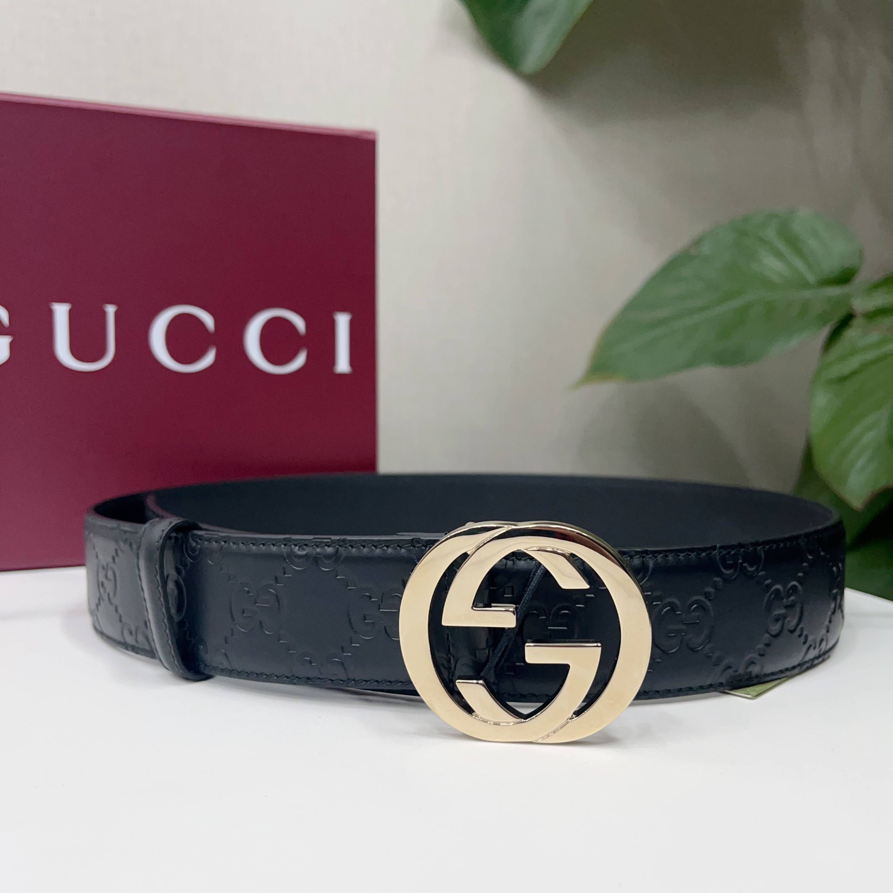 未使用 GUCCI/古驰 男士浅金头印花logo皮带腰带370543带盒子