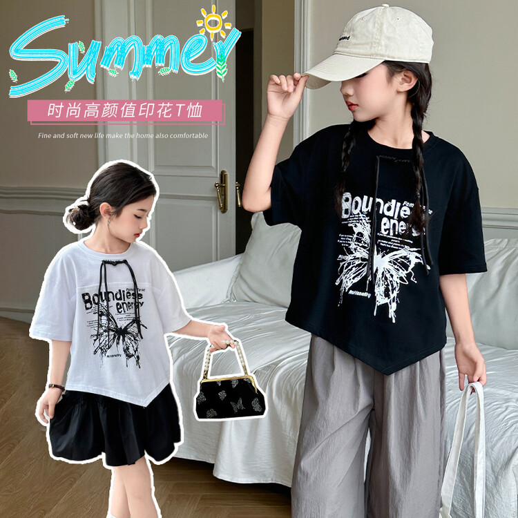 2025新款夏季时尚印花T恤女童百搭休闲上衣亲子装潮款