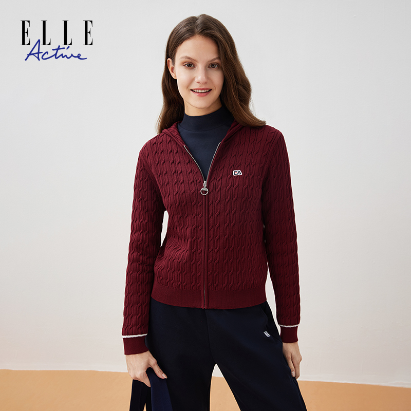 ELLE Active经典毛织连帽针织开衫女士慵懒休闲长袖毛衣百搭上衣