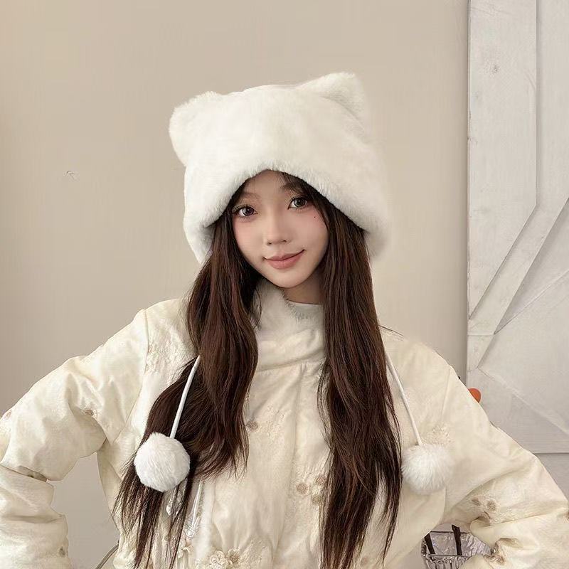 秋冬季毛绒帽子女可爱减龄新款保暖小熊耳朵雷锋帽显脸小双层加厚