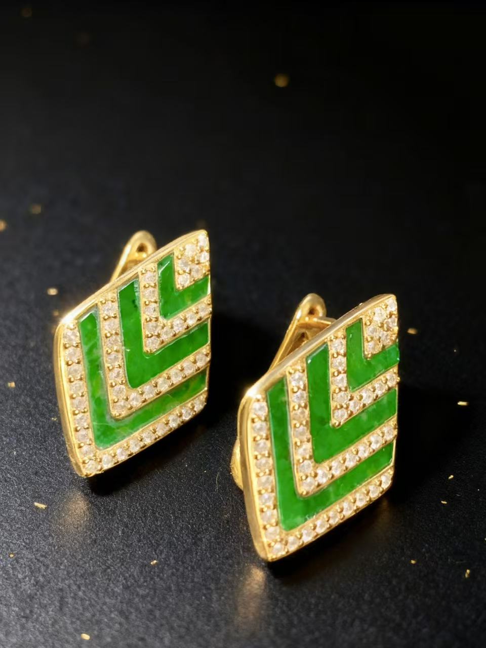 天然缅甸A货翡翠 s925银镶菱形条纹满绿设计款耳饰 金典百搭