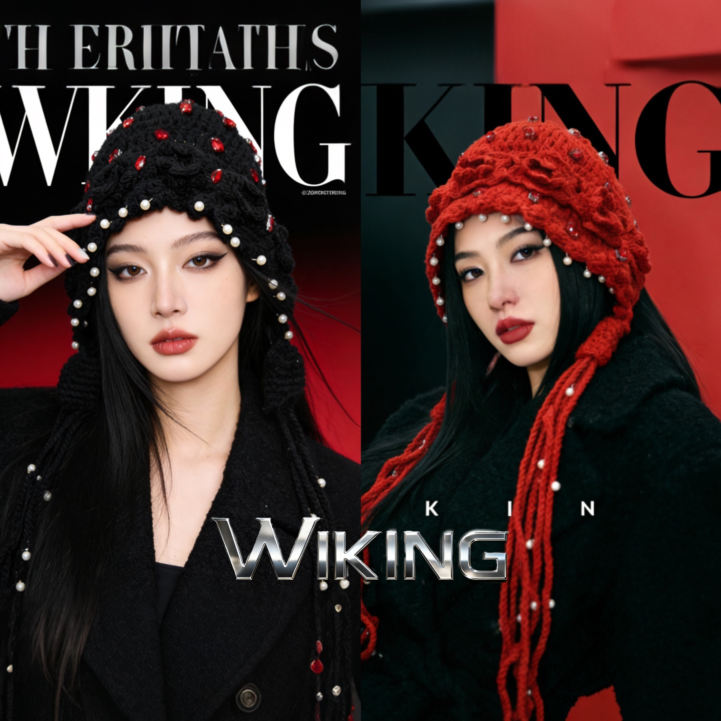 王大嘴原创 ”黑红玫瑰“秋冬时尚手工针织红钻白珠流苏包头帽M266