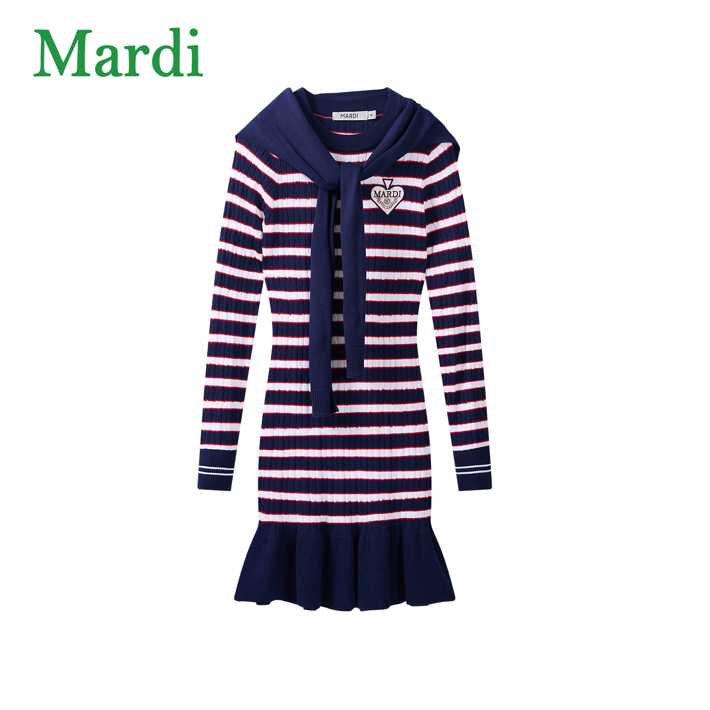 Mardi【月裁】秋冬新款小雏菊刺绣翻领时尚高腰长袖女装针织连衣裙