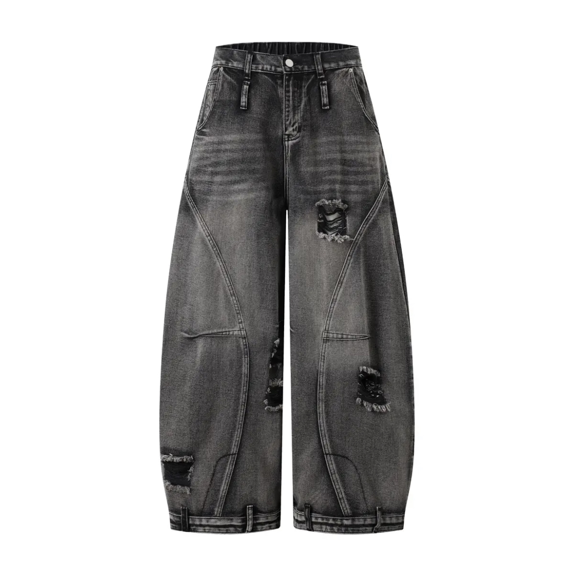 港风潮流小众解构弯刀裤男女做旧水洗破洞宽松阔腿牛仔裤